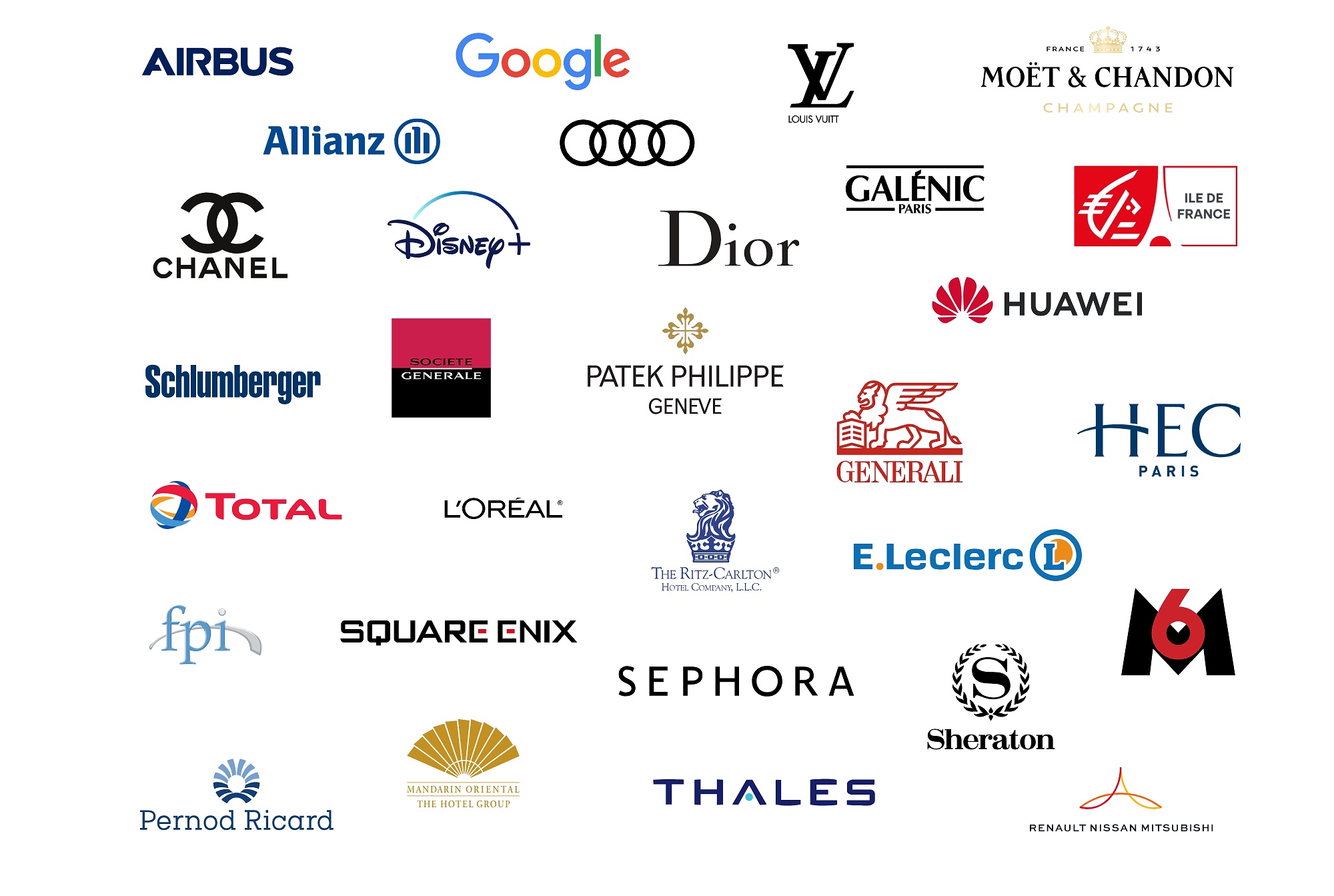 Airbus, Google, Louis Vuitton, Moët & Chandon, Allianz, Audi, Chanel, Disney+, Dior, Galénic, Huawei, Schlumberger, Société Générale, Patek Philippe, Generali, HEC Paris, Total, L&rsquo;Oréal, The Ritz-Carlton, E.Leclerc, M6, Square Enix, Sephora, Sheraton, Pernod Ricard, Mandarin Oriental, Thales, Renault Nissan Mitsubishi