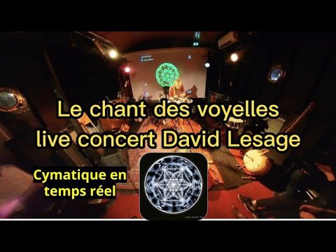 Vignette de la vidéo : vue grand-angle d’un concert, une figure de cymatique projetée sur l’écran derrière les instruments ; titre incrusté sur l’image, « Le chant des voyelles, live concert David Lesage — Cymatique en temps réel ».