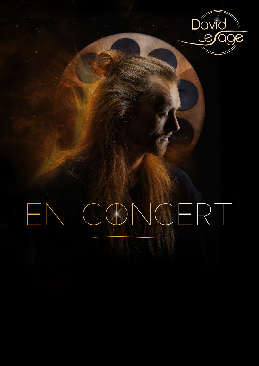 Affiche « EN CONCERT » de David Lesage : portrait de profil, yeux baissés, longs cheveux éclairés d’orange, devant un handpan vu de face dans une brume dorée ; en haut à droite, le logo « David Lesage » ; au centre, le titre « EN CONCERT » souligné d’un trait doré, sur fond noir.