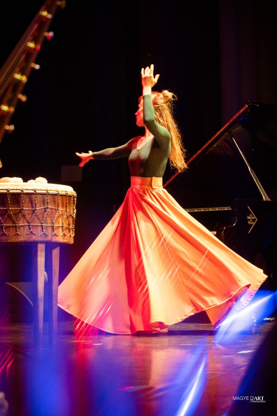 La danse de tournoiement : Iris Chasles, en haut vert et longue jupe orange, tourne sur elle-même sur le plateau du Grand Rex, un bras levé et l’autre tendu ; la jupe s’ouvre en corolle. À gauche un grand tambour sur pied, à droite la queue d’un piano.
