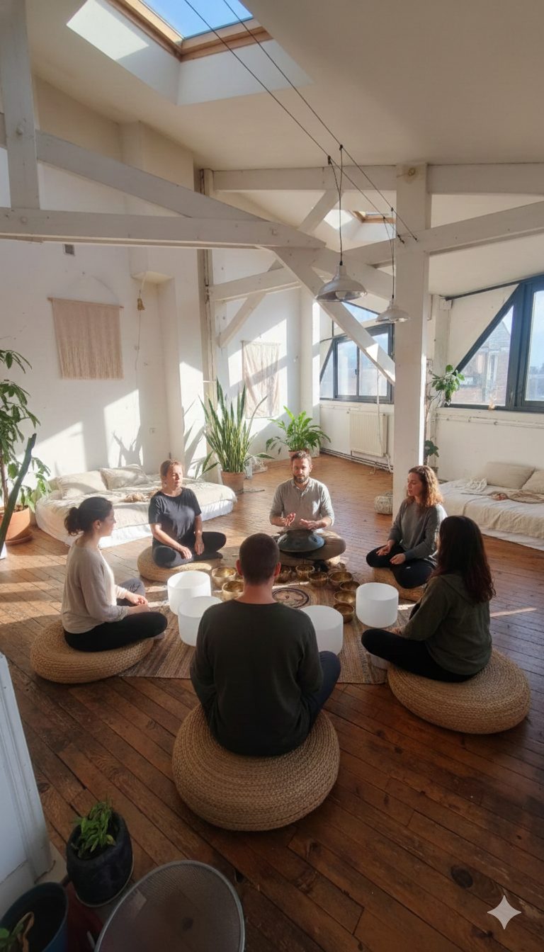 Cercle de partage au Nid : six personnes assises sur des coussins autour de trois intervenants et de bols chantants, dans un grand atelier d’artiste lumineux.