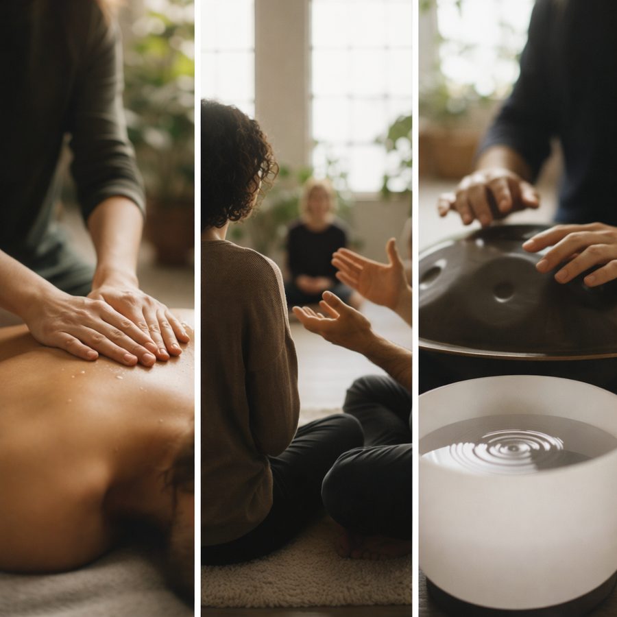 Triptyque des trois soins : des mains qui massent un dos, un échange assis face à face, et des mains sur un handpan près d’un bol de cristal.